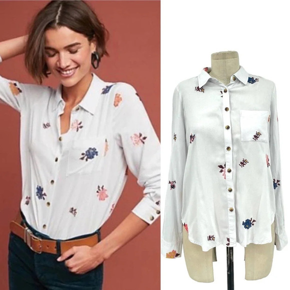 Anthropologie County Fair Top Blouse Embroidered Floral Button Down White Size 0 - Picture 1 of 9